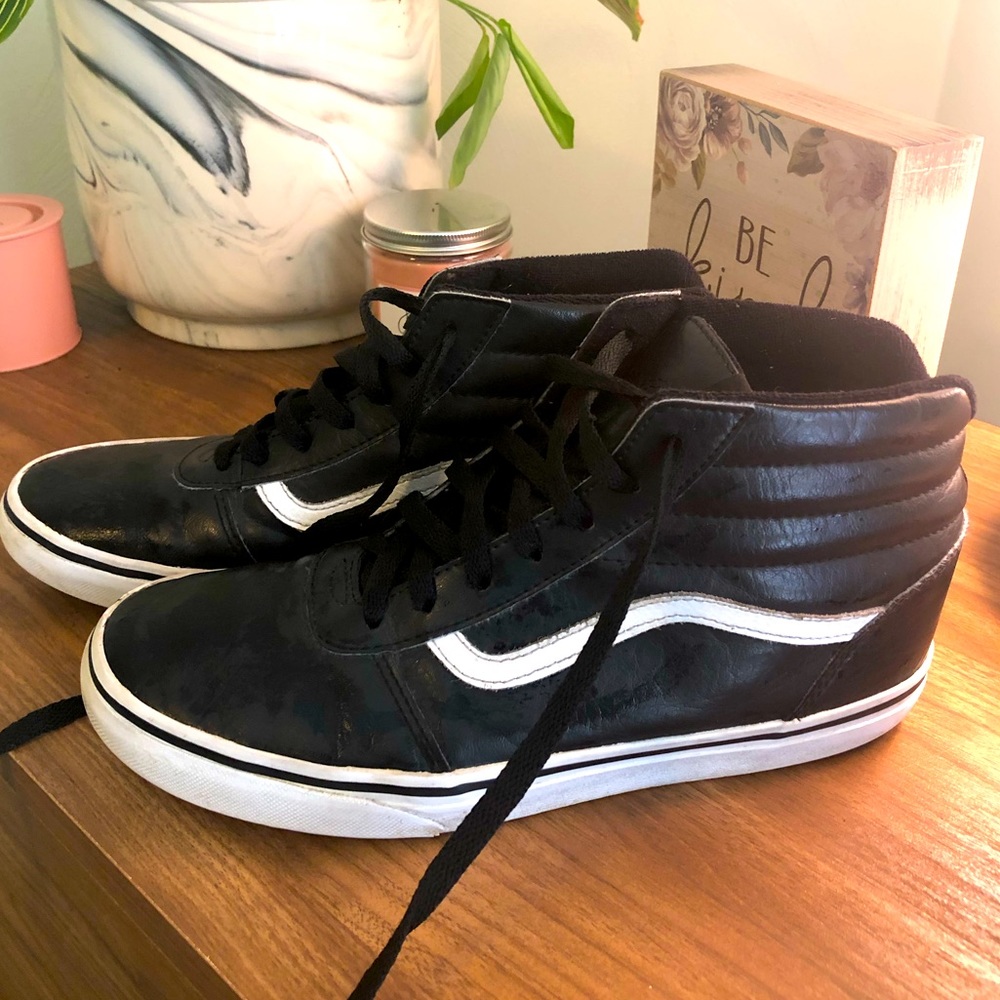 Black leather high top vans